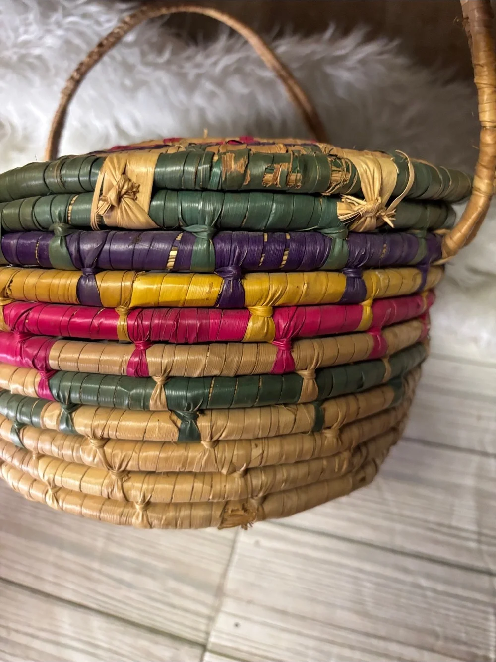 Boho Woven Basket Colorful with handles Sewing Storage Home Decor Dining